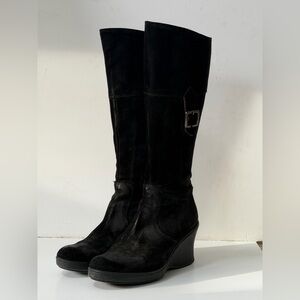 Sundance Black Suede Wedge Knee-High Boots ~ vintage